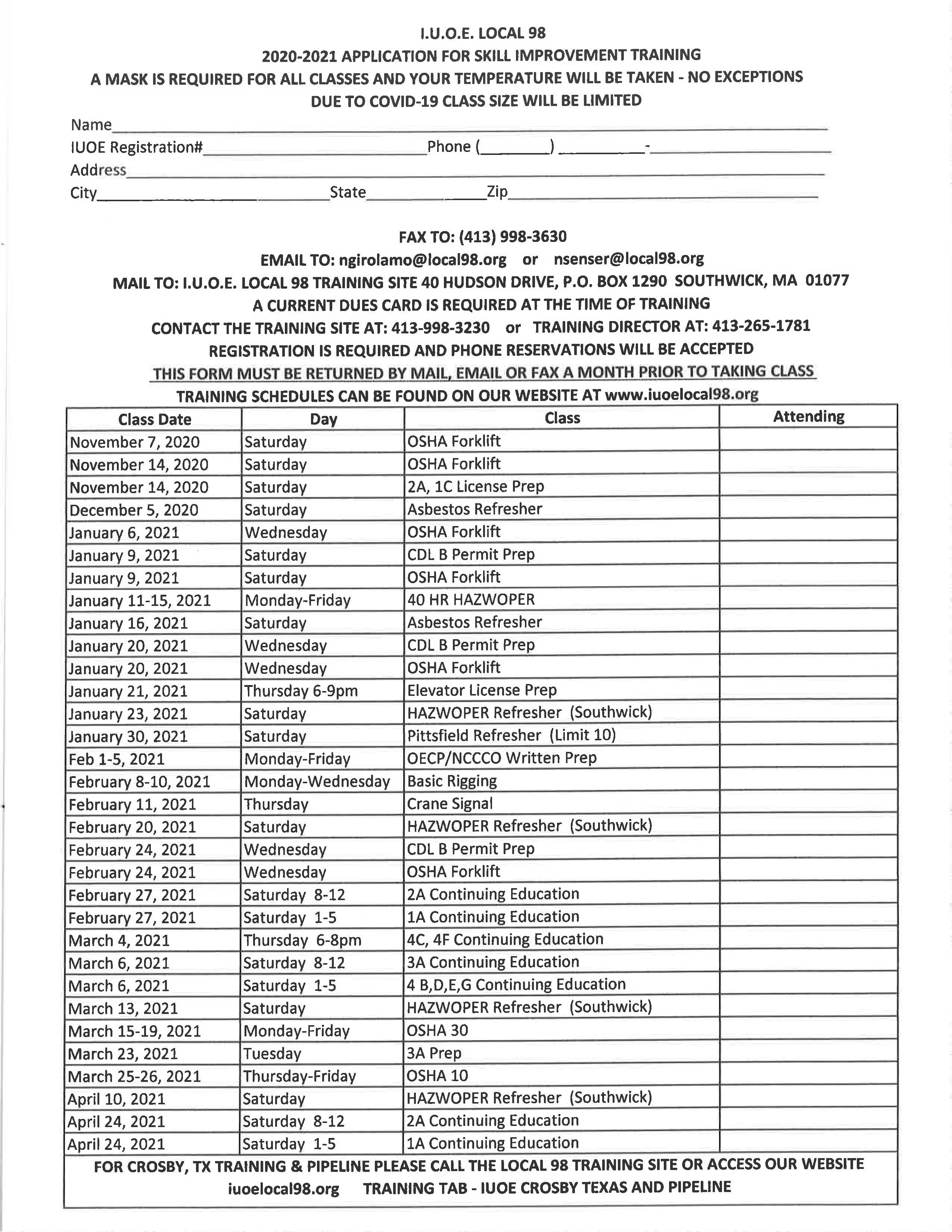 Current Class Schedule – IUOE Local 98